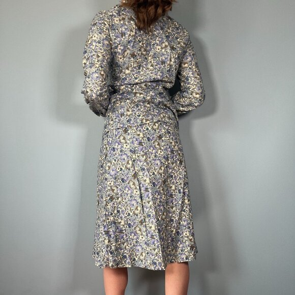 Vintage 70s Skirt Suit, 1970s Blue Tan Floral Button Up Skirt Blouse Set - Picture 6 of 8